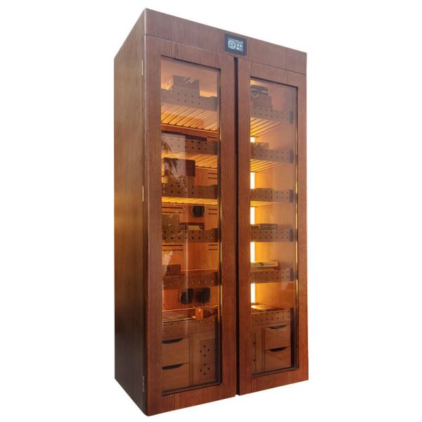 Dual Door Solid Wood Frame Cabinet Cigar Cooler Humidifier With LED Lighting