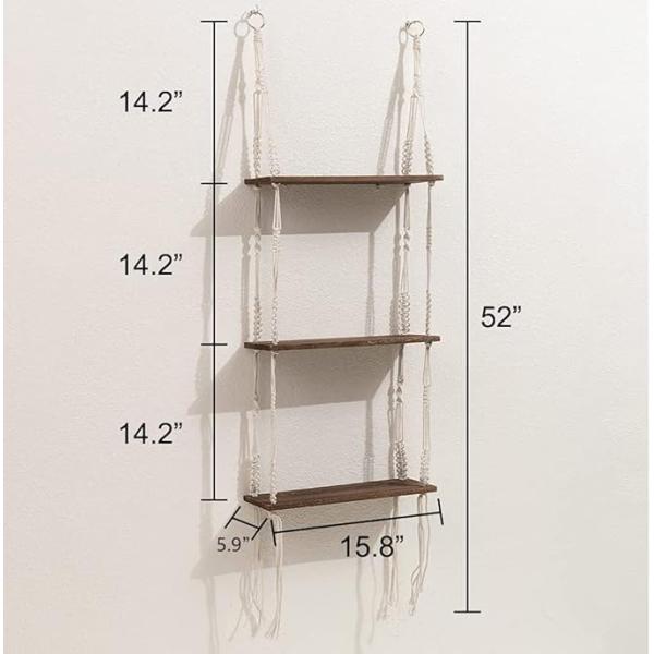 Home Furniture 3 Tier Macrame Wall Hanging Shelf with Wooden Floating Storage Shelves
