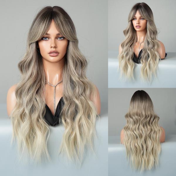 Fashion Long Body Wave Dark Root Hair Two Tone Blonde Synthetic Wigs For Women