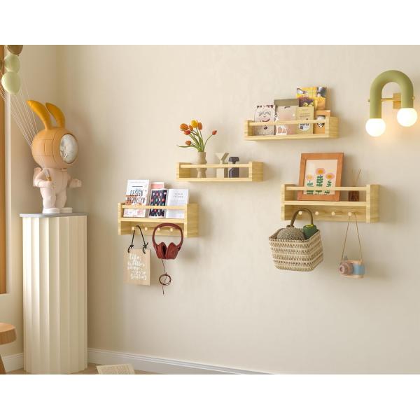 Wooden Hooks Bookshelf Natural Wood Wall Mounted Shelves for Nursery Decor Storage