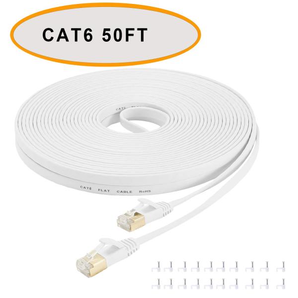 Cat 6 Ethernet Flat Patch Cable 50 Ft White Color Unshielded Twisted Pair