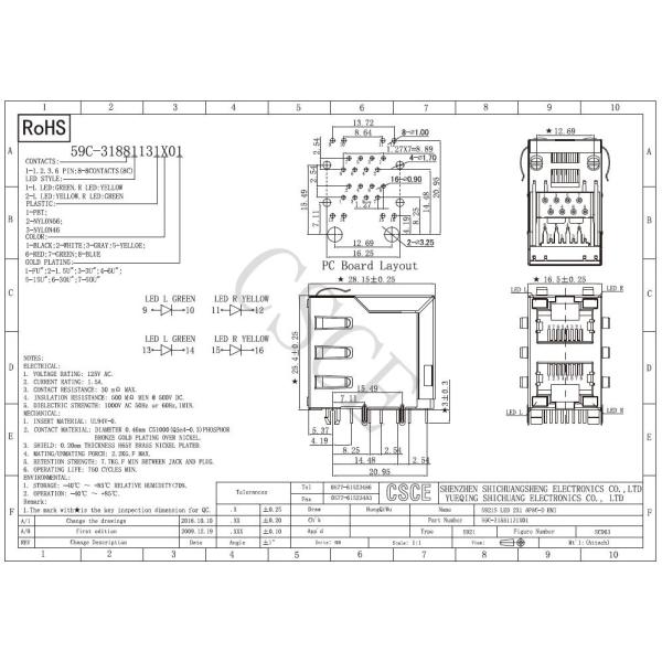 Yellow / Green LED Stacked RJ45 Connectors For PC Card / Switch / Router