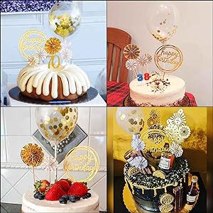 Cake Topper Decoration Set Acrylic Glitter Happy Birthday Cake Topper Confetti Balloon Paper Fans Stars Firework