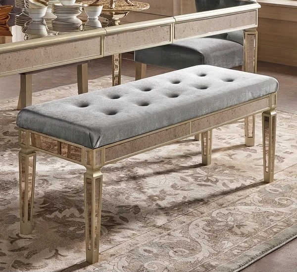 Antique gold mirrored dining bench velvet upholster bed stool ottoman for bedroom