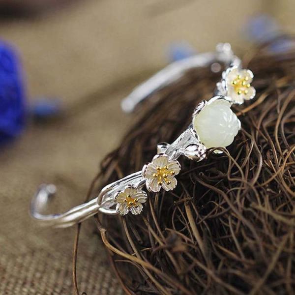 Sterling Silver Natural Jade Culptured Flower Gold Plated Women Bracelet(049924)