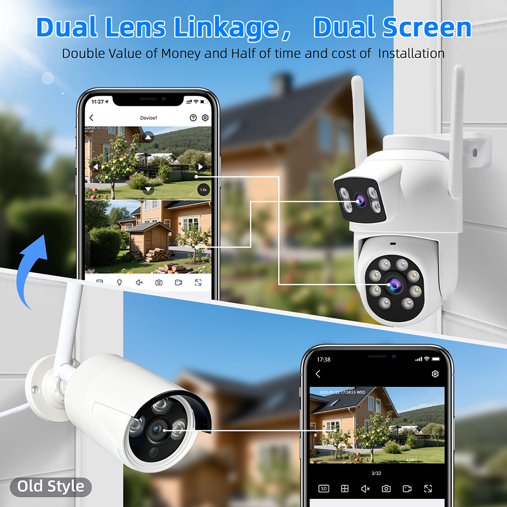 Dual‑Lens WiFi Security Camera Outdoor, 2MP+2MP Dual View Surveillance Camera, Panoramic PTZ Camera with AI Human Detection, Two‑Way Audio, 3‑Mode Night Vision, IP65 Waterproof for Home Yard Security