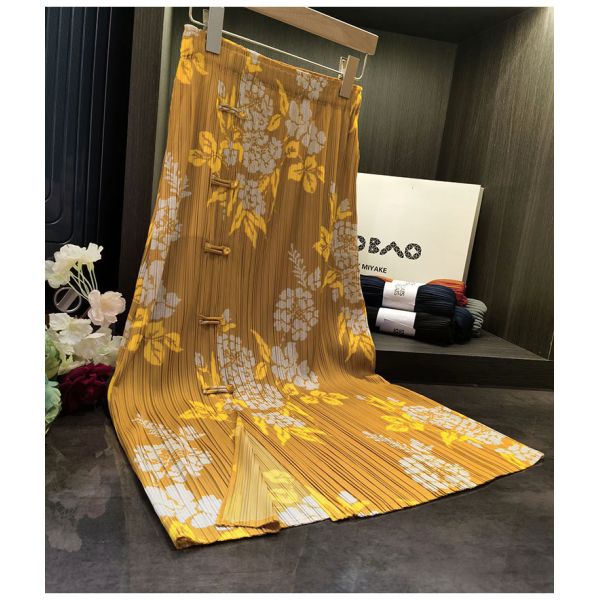 Original Design Pleated Chinese Style Disc Half Skirt 2024 Printed Pleated Skirt Wrap Slit Summer Skirt