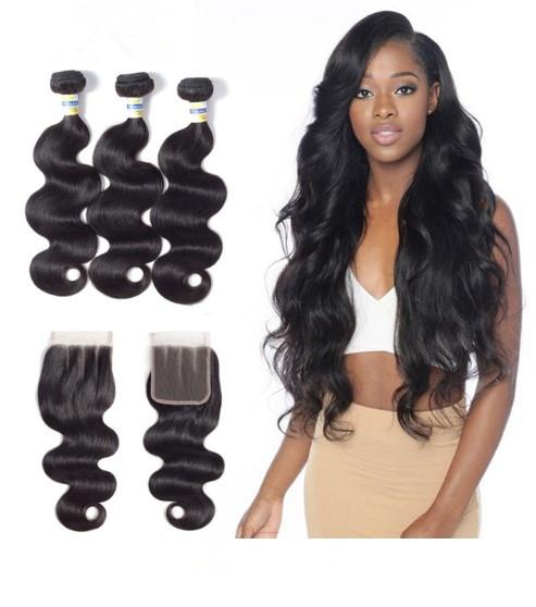 100% Virgin Brazilian Wavy Long Hair Bundles Three Part 4 X 4 Closure