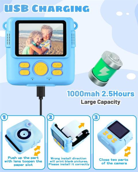 1080P HD Kids Digital Camera 2.4 inch Screen Size Instant Print 32G SD Card 3 Rolls Photo Paper Perfect Birthday Christmas Gifts for 6-12 Boys Girls