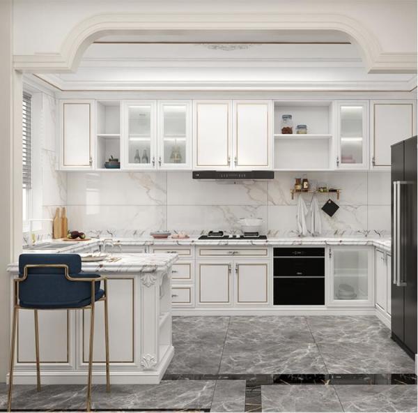 Contemporâneo de alto brilho branco dos armários de cozinha da madeira maciça do painel de 1.8cm com punho do metal