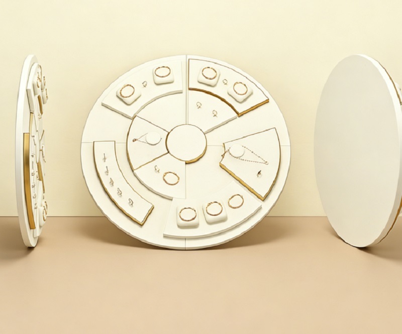 Premium White Velvet Jewelry Display Set with Gold Trim and Rotating Circular Structure for Luxury Jewelry Stores
