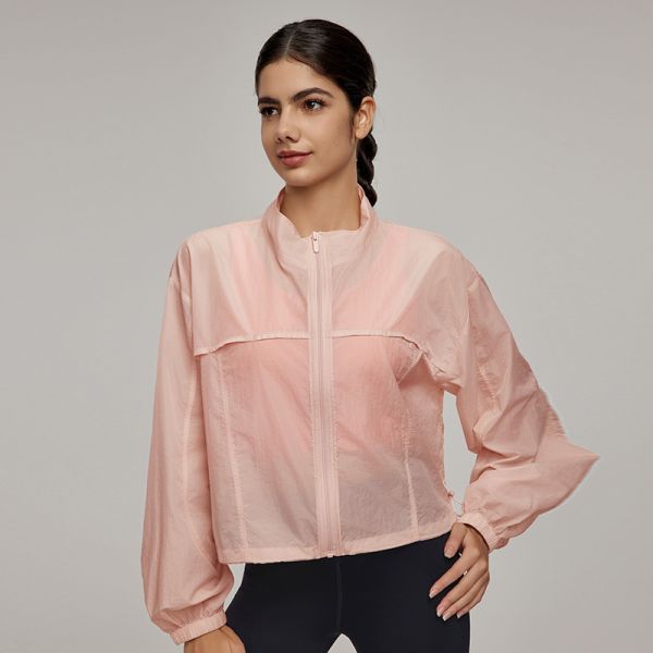 Women's Coral Sheer Nylon Windbreaker Jacket Full Zip Loose Fit for Outdoor Sports