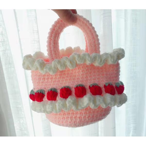 Brown Wool Hand Woven Bags 3D Strawberry For Girls 13cm×14cm