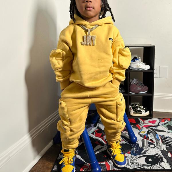 3d Embroidery Zip Up Hoodie And Cargo Pants Slim Fit Kids Sweatsuit Set