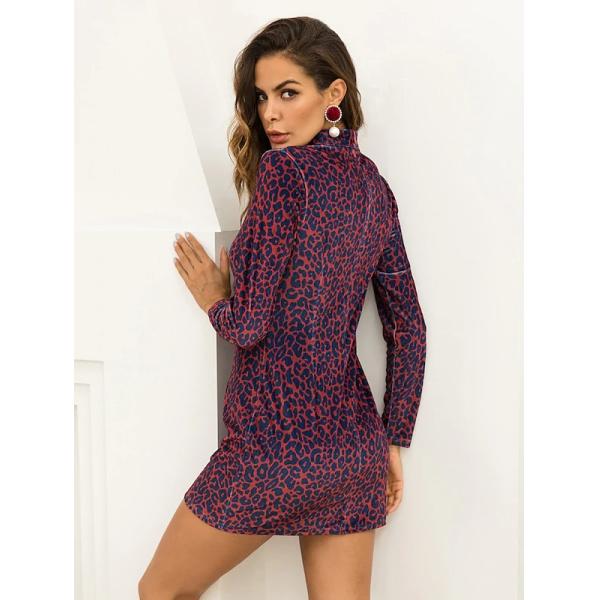 Women Clothing Long Sleeve Mini Leopard Print Dress