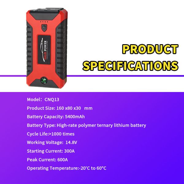 600A Peak 12V Car Jump Starter with 5400mAh Portable Power Bank and Air Compressor for Emergency Use