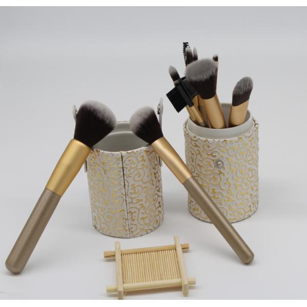 Women'S Flat Natural Hair Makeup Brushes Set With Cylinder , Gold Color