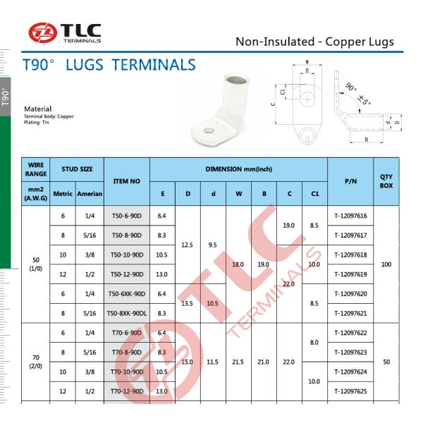 T90° Non-insulated Copper Lugs, Copper 90D Terminals Tubular Ring Cable Lugs
