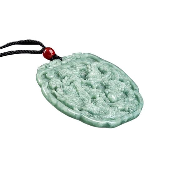 Love Theme Natural Jadeite Necklace Pendant in Feng Shui Style with Auspicious Dragon and Phoenix