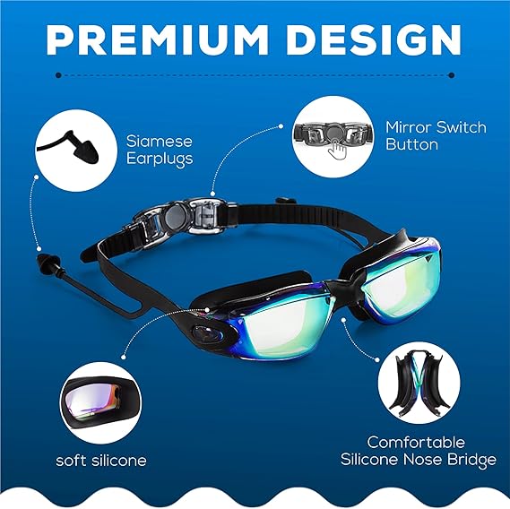Universal Swimming Pool Goggles With Rainbow Plating And Surf Ear Plugs