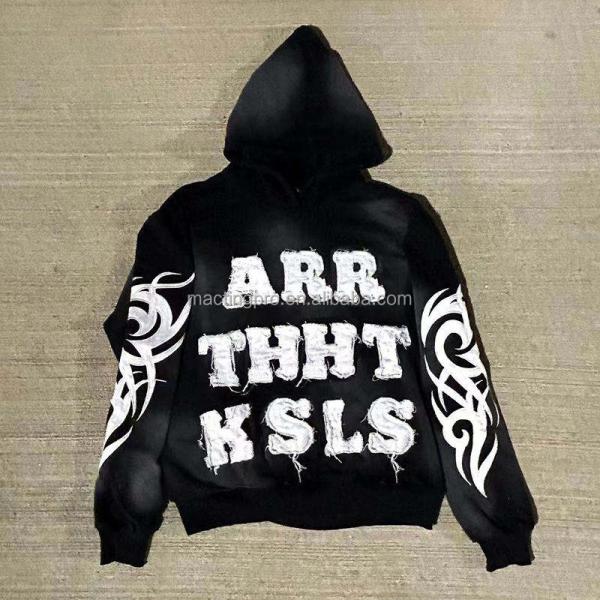 Vintage Sun Faded Acid Wash Distressed Patch Applique Embroidery Cropped Hoodie Men Crop Top Sweatshirt