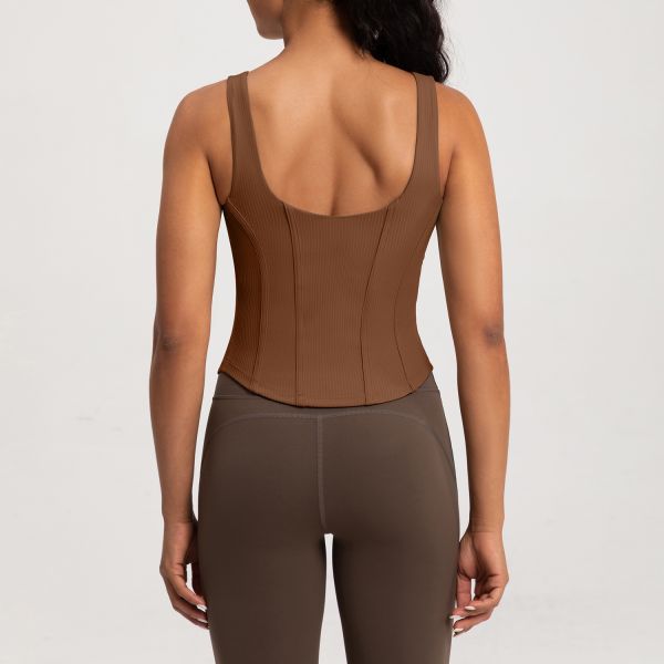 Women's Ribbed Knit Corset Style Workout Tank Top Beige Slim Fit Moisture Wicking