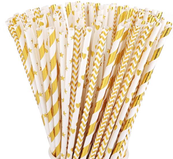 7.75 Inches Biodegradable Gold Striped Star Wave Heart Paper Straws