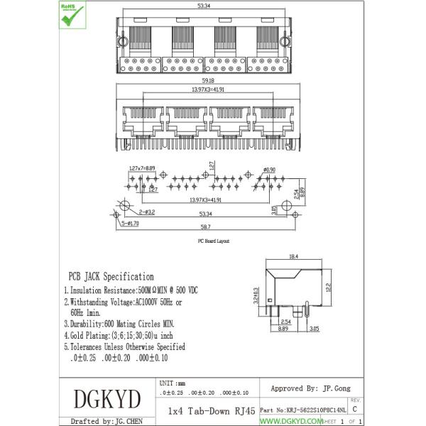 El patio del soporte 1x4 del PWB vira los enchufes modulares del puerto hacia el lado de babor múltiple del conector RJ45