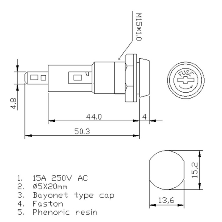Плавкая часть предохранителя патронов предохранителя 250V 15 Amp 4.8mm Faston держателя панели H3-44B 5.2x20 терминальная