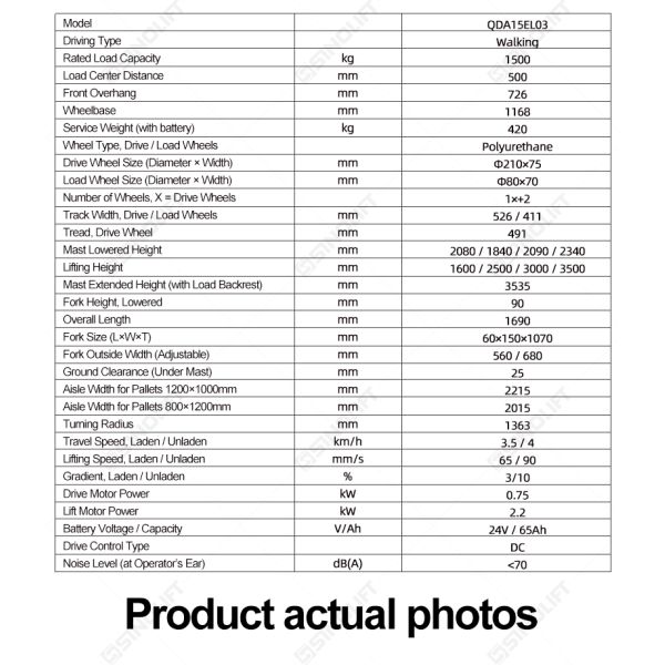 Model QDA15EL03 1.5 Ton Strong Capacity Walkie Fully Electric Stacker