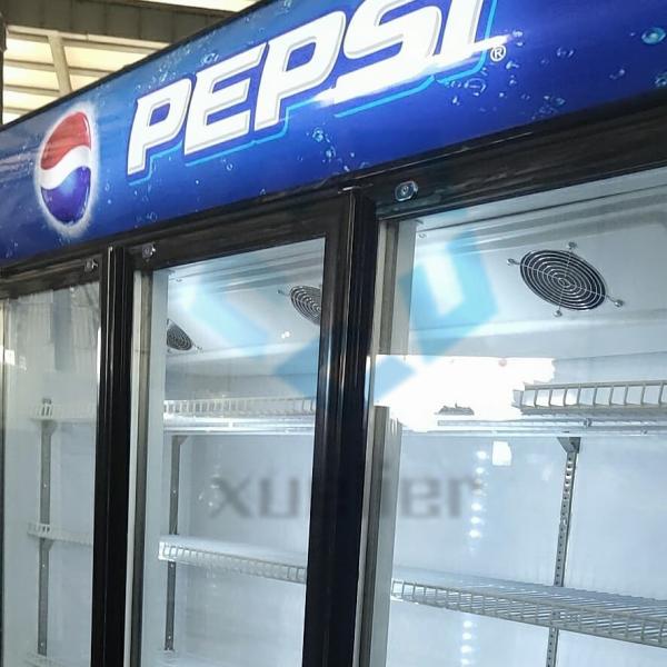 Commercial three-door upright glass beverage display freezer