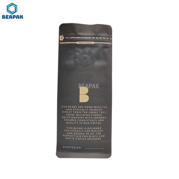 Sacos de café elegantes pretos matte de 12 onças da parte inferior lisa com válvula