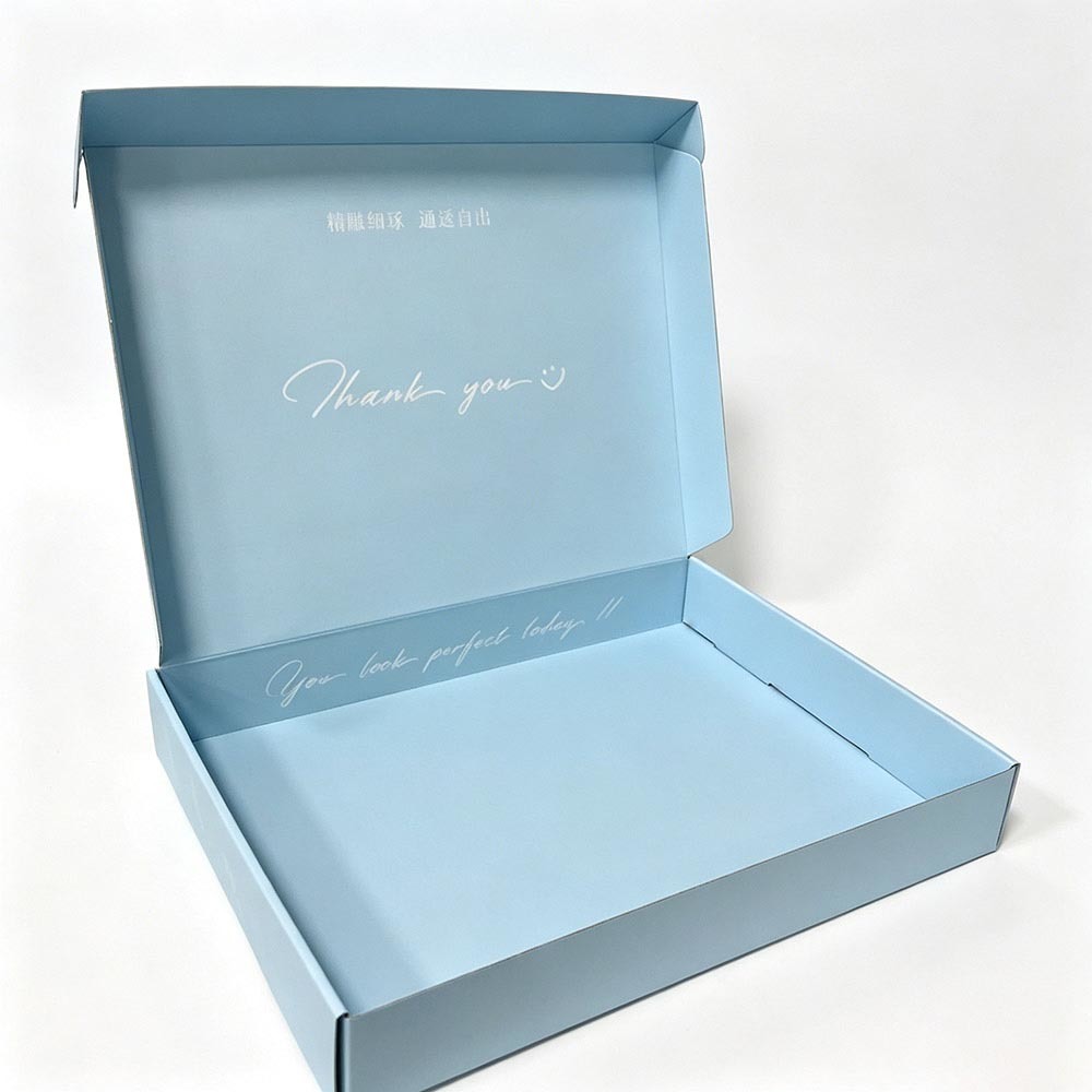 Light Blue Corrugated Custom Mailer Boxes with Silver Foil Stamping