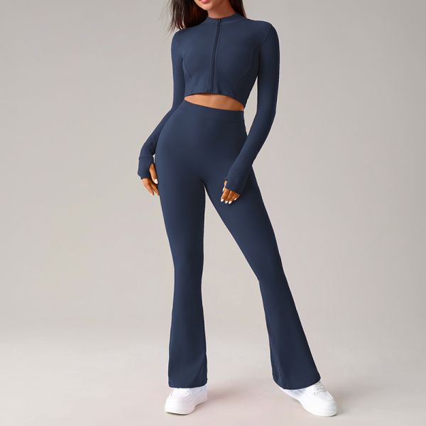 Zip Up Cropped Women Activewear Tops Long Sleeve Flared Leggings Set High Waisted