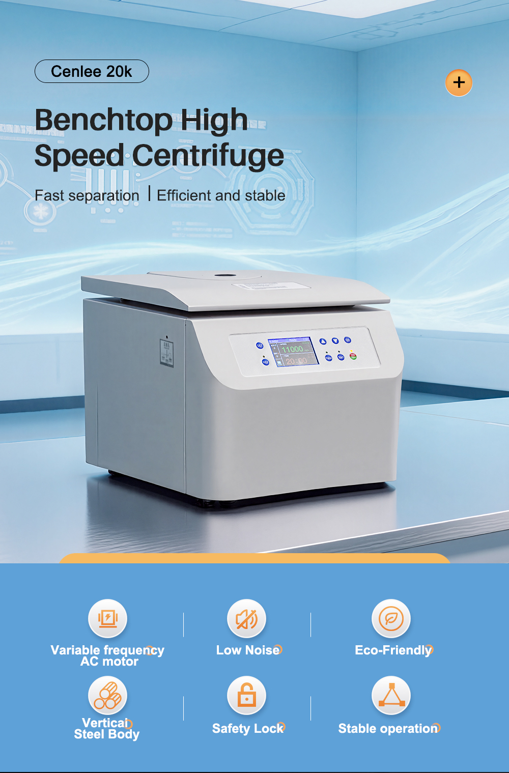 Cenlee20K Benchtop High Speed Centrifuge 20000rpm Fixed Angle Rotor Lab Centrifuge with LCD Display Customizable Speed/Timer