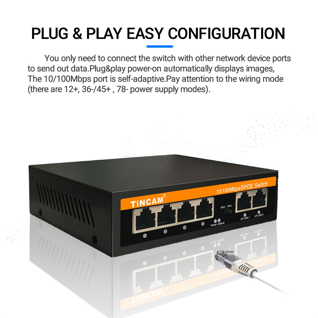 4-port Fast Ethernet Passive Poe Switch 4×10/100mbps Non-standard Poe Ports + 2×10/100mbps Uplink Ports 24v 48w 250m Extend Mode For Building Intercom Systems TBC-EFP4206N-V