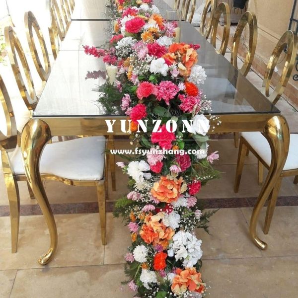 Modern Rectangular Dining Table With Stainless Steel Frame and Glass Top for Outdoor Events for Weddings Hotels
