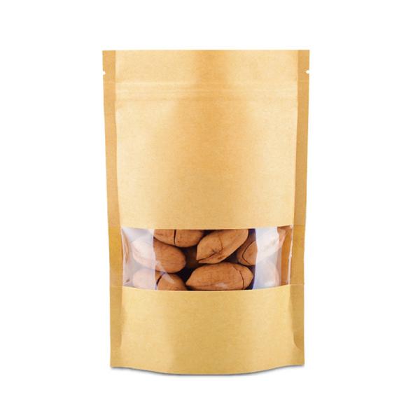 Resealable Zipper And Clear Window  Compostable Stand Up Pouches Natural Kraft Paper Stand Up