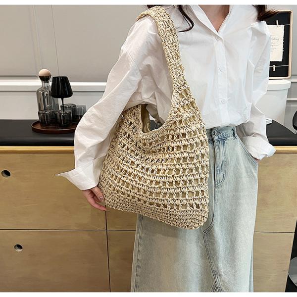 Bolsas Personalizadas Logo Bolsos De Paja Tejida Custom Raffia Clutch Woven Crochet Shoulder Women Handbags Beach Straw Bag Mesh Beach Bag Crochet Tote Bag Straw Crochet Purses for Women Raffia Tote