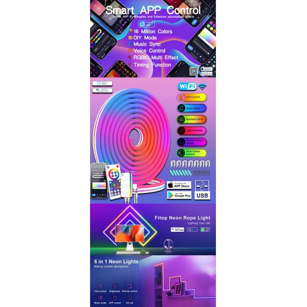 2000lm RGB Neon Light Strip 1m 2m 3m 5m Tuya WiFi App Control IP67 5V Input for Music Sync Games