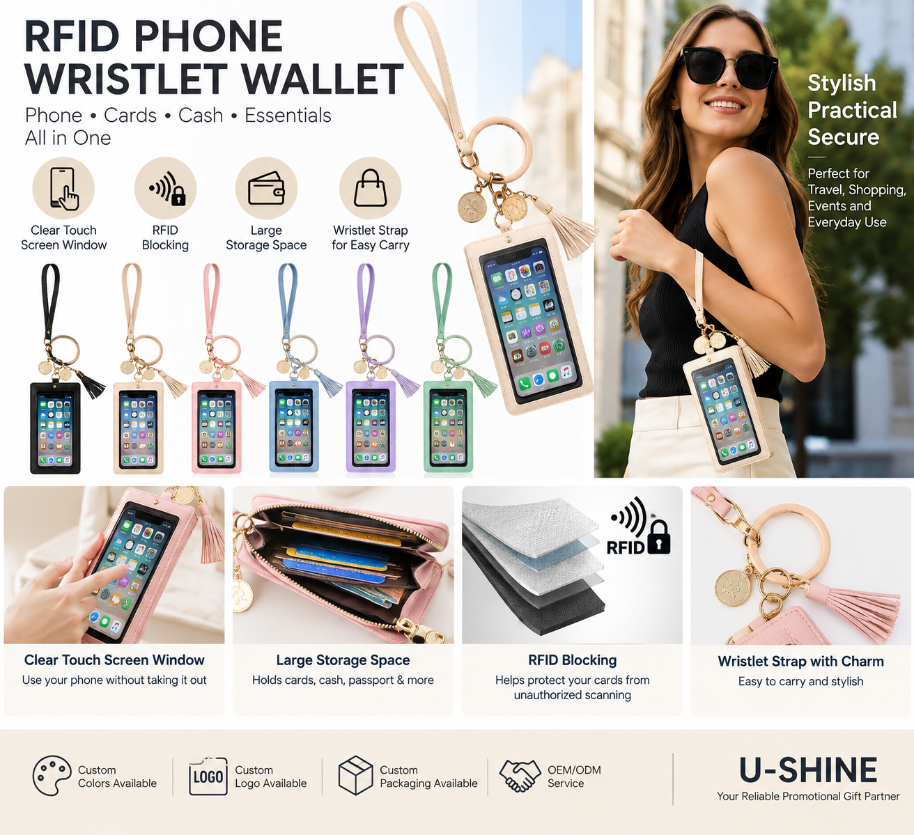 Custom RFID Phone Wristlet Wallet with Touch Screen Window