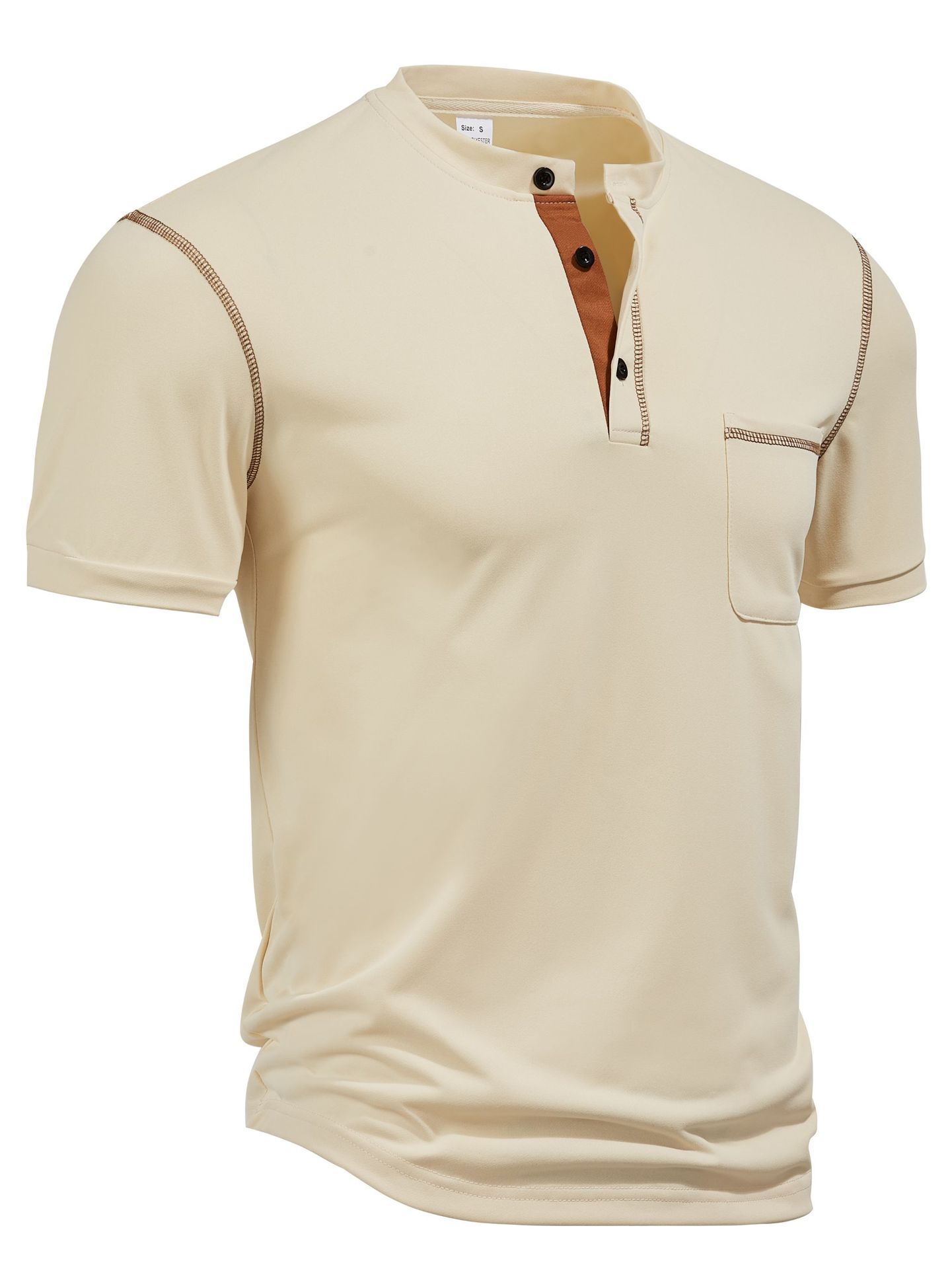 Men's Stand Collar Short Sleeve Polo Shirt with Contrast Stitching and Polyester Cotton Blend Fabric