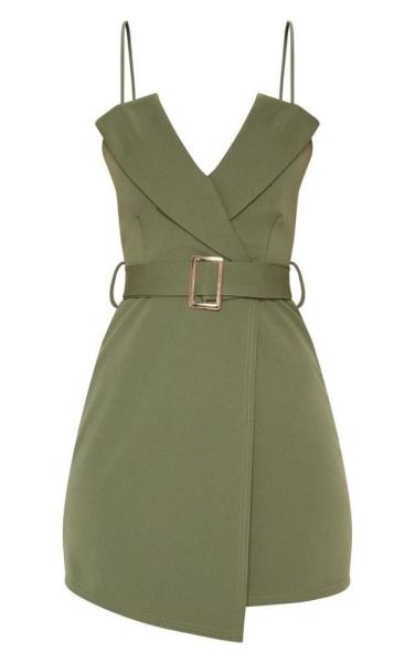 Women Khaki Tux Detail Belted Wrap Bodycon Dress With Spaghetti Strap
