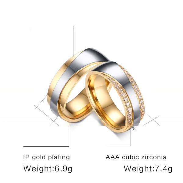 Cadeau de mariée CZ Anneaux de mariage en acier inoxydable ensemble d'or blanc plaqué 7 mm