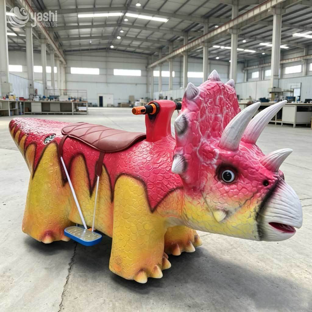 Coin Operated Triceratops Kids Electric Ride On Car, Fiberglass Commercial Dinosaur Amusement Scooter for Shopping Mall & Playground