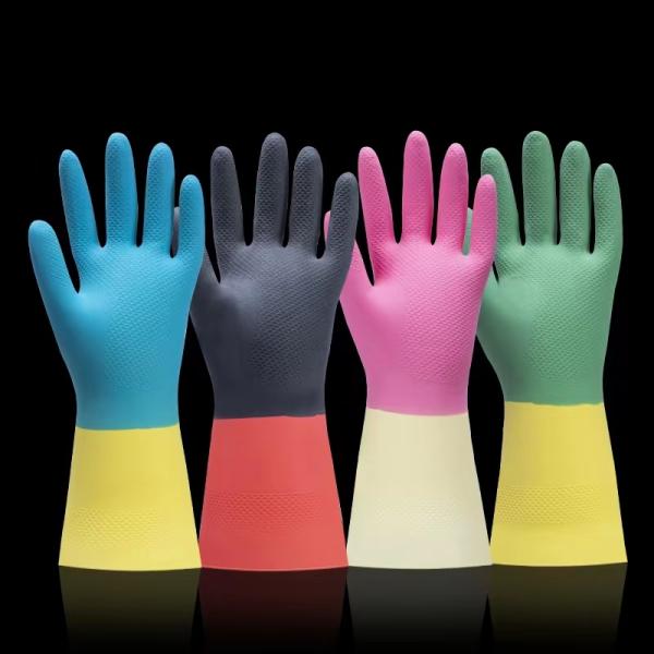 Bicolor Chemical Resistant Latex Gloves Garden Dish Washing Latex Chemical Gloves