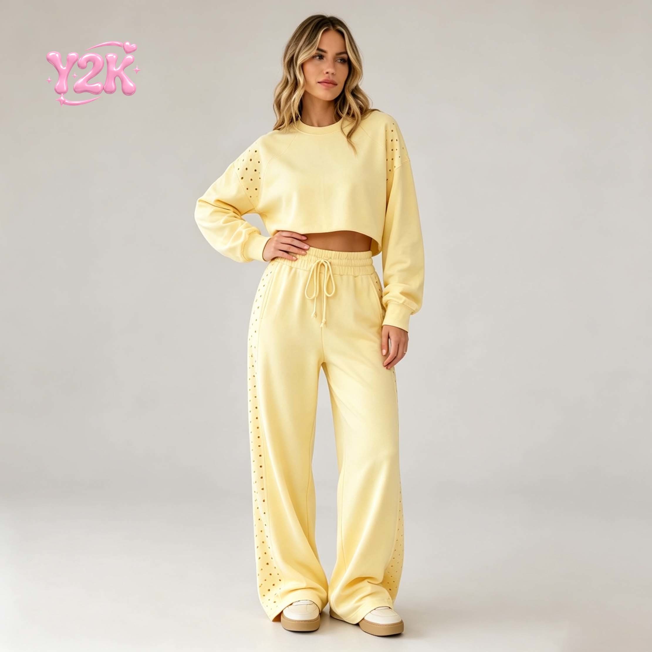 Custom Women's Eyelet Lace Sweatshirt Wide Leg Pants Set