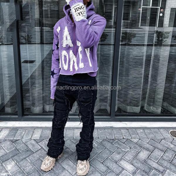 Brown Blue Black Distressed Hoodie Mens Autumn Season Embroidery Boxy Zip Up Hoodie