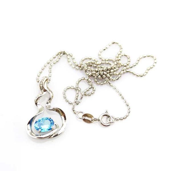 925 Silver Bead Chain  Oval 6x8mm Blue Cubic Zircon Pendant Necklace(P34)