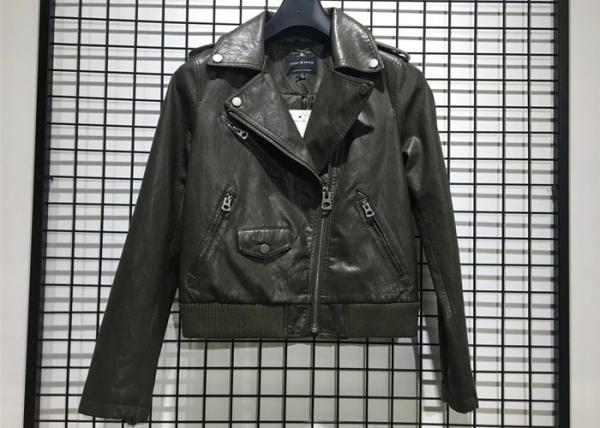 Dark Green Slant Placket Ladies Pleather Jacket With Zip Through Biker
